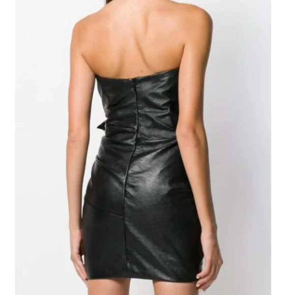 💥 BREATHTAKING💥STRAPLESS BUSTIER DRAPED DRESS IN BLACK GENUINE LEATHER - Picture 3 of 16